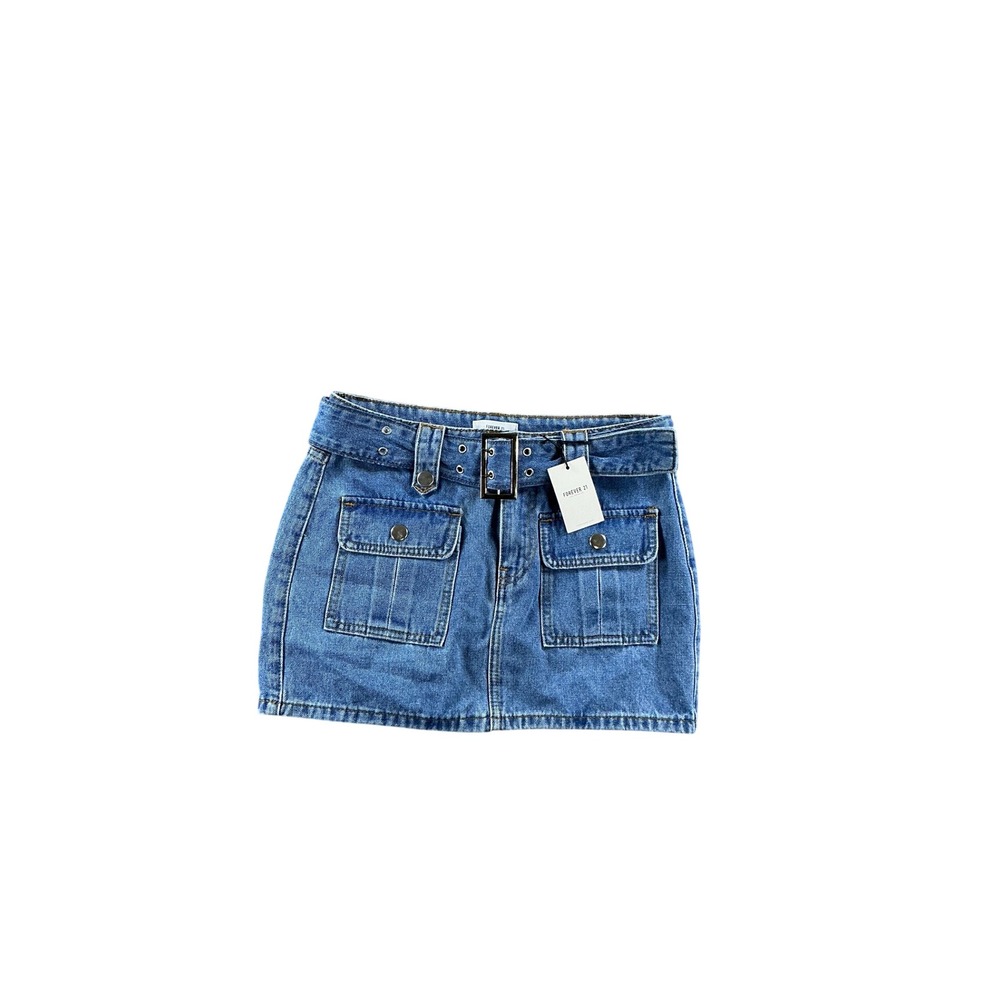 Forever 21 Denim Mini Skirt Belted Cargo Pocket Medium Wash Blue XS
